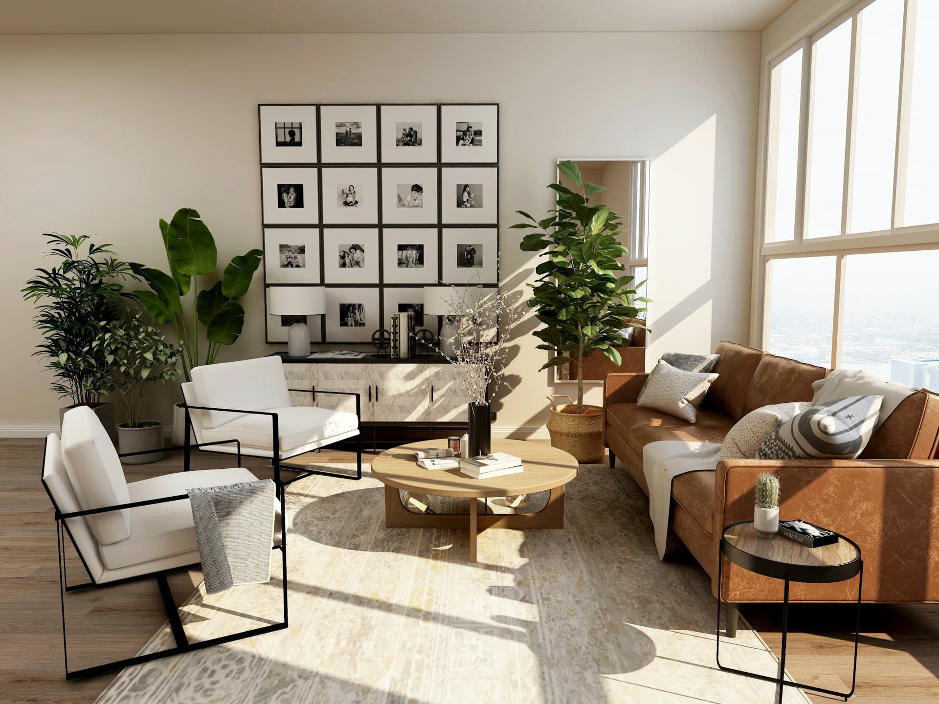 Open, sunlit interior with natural wood and generous space